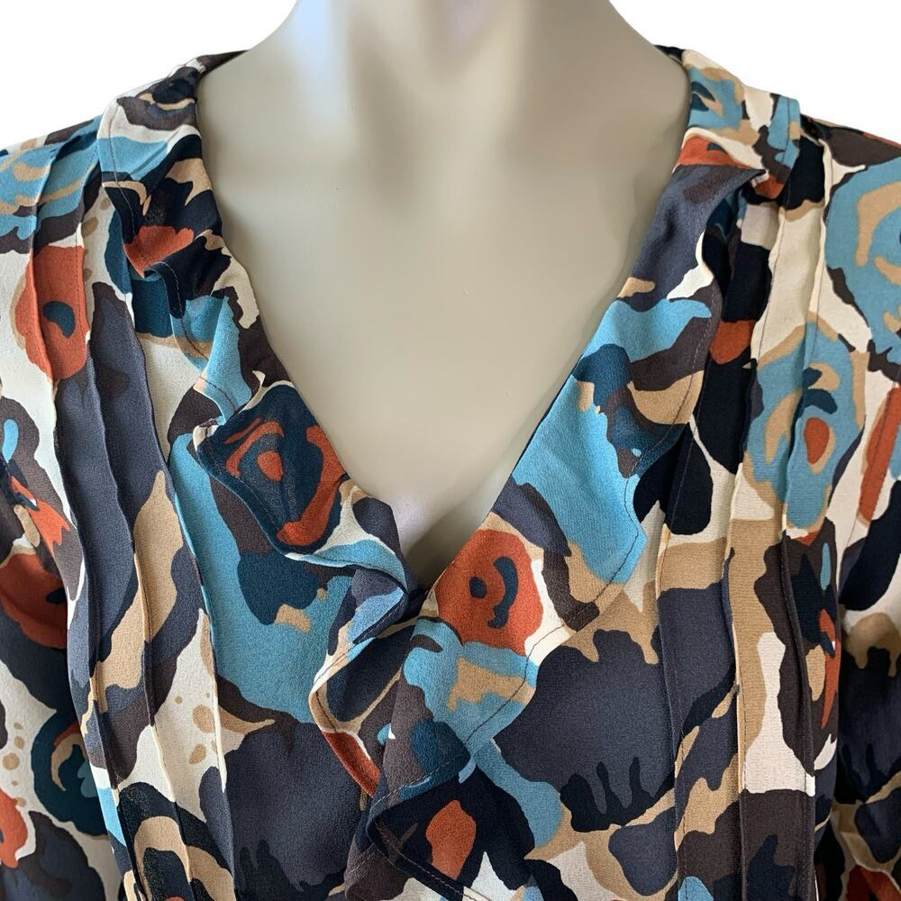 i.e. 100% Silk Floral Ruffled Long Sleeve Chiffon Tops Blouse Size L Multicolor - Picture 6 of 16